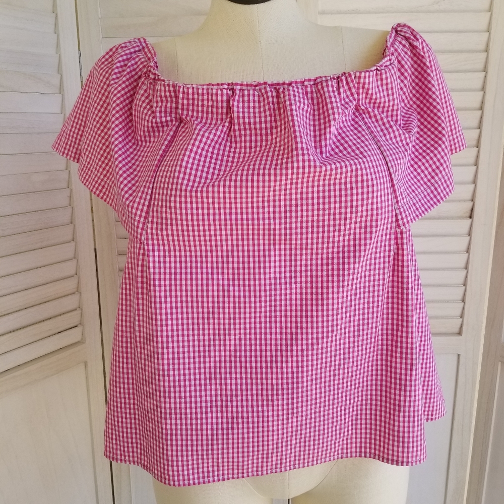 Top shop Pink Gingham Crop Top NWT On/Off Shoulder - Picture 1 of 9